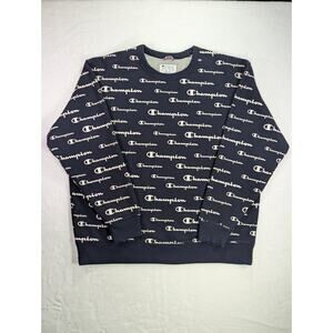 Champion All Over Print Script Logo Navy Blue Crewneck Sweatshirt 2XL